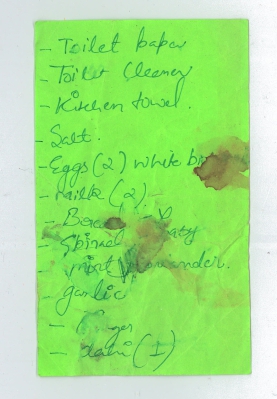 22
- toilet paper
- toilet cleaner 
- kitchen towel
- salt
- eggs (2) white [?]
- milk (2)
- [?]
- spinach [?]
- mint, koriander
- garlic
- ....ges
- [?] (1)
